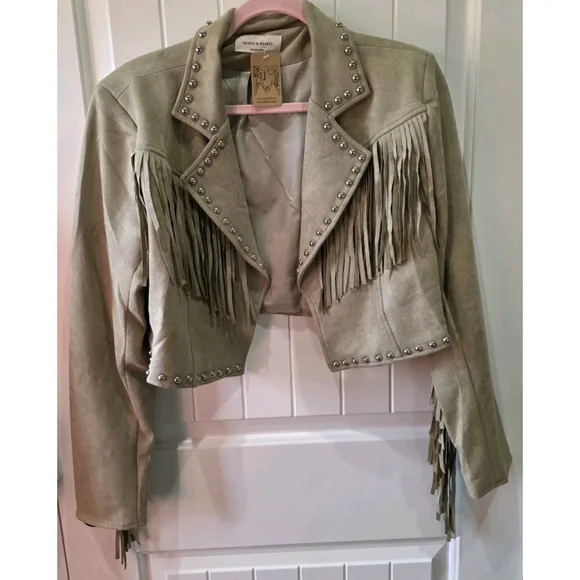 Fringe & Studded Cropped Faux Suede Jacket Size Large NWOT Boho Western Cowgirl - Picture 2 of 8